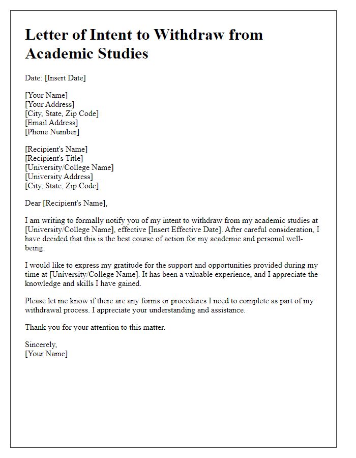 Letter template of Intent to Withdraw from Academic Studies