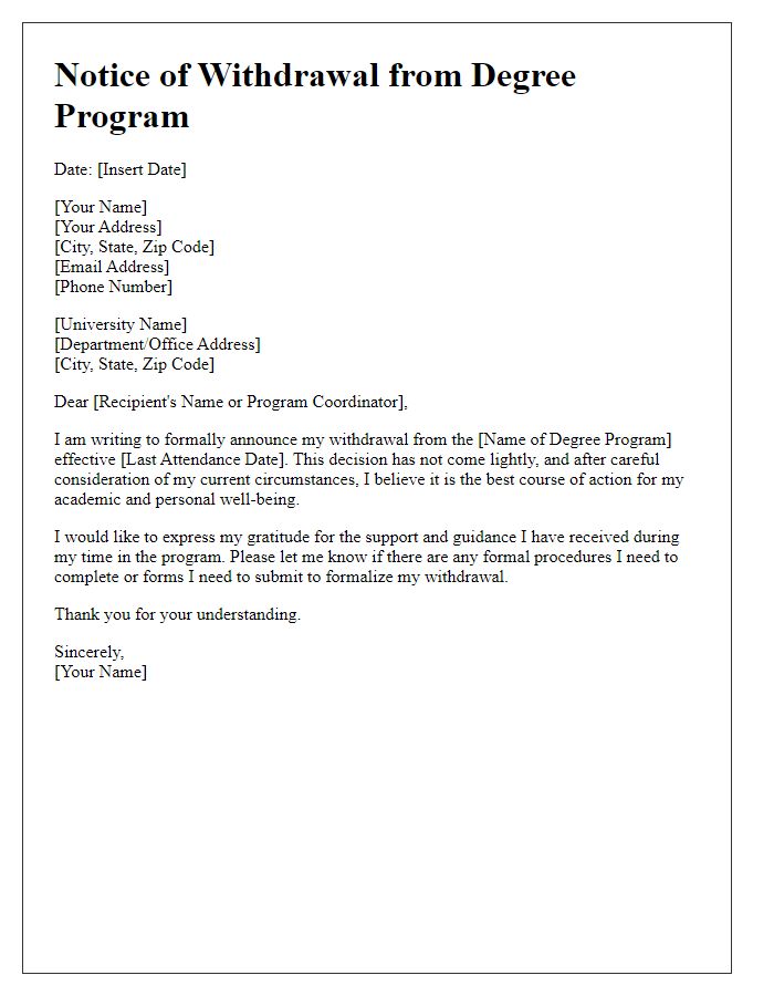 Letter template of Notice of Withdrawal from Degree Program