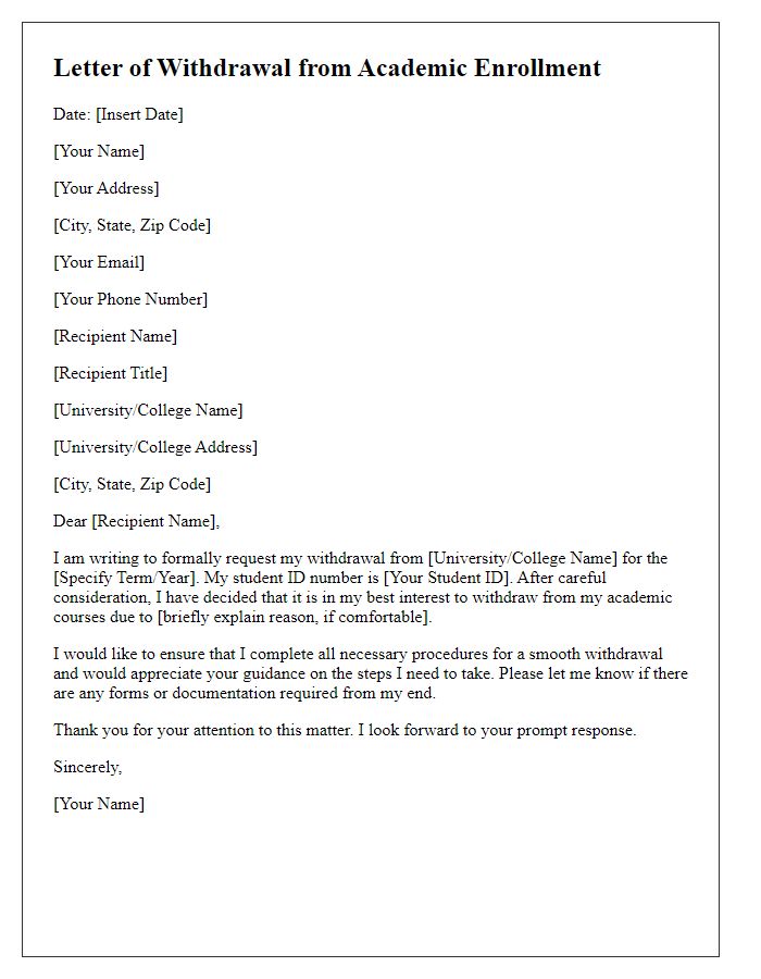 Letter template of Withdrawal from Academic Enrollment