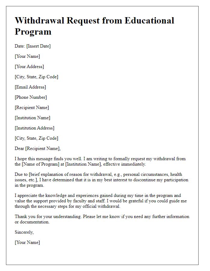 Letter template of Withdrawal Request from Educational Program