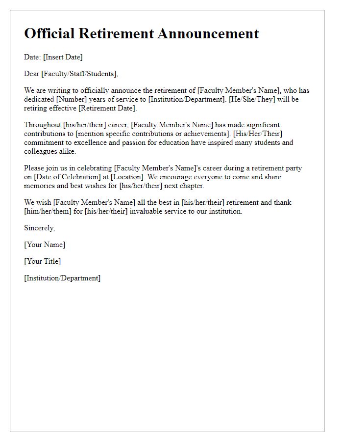 Letter template of official retirement announcement for faculty members