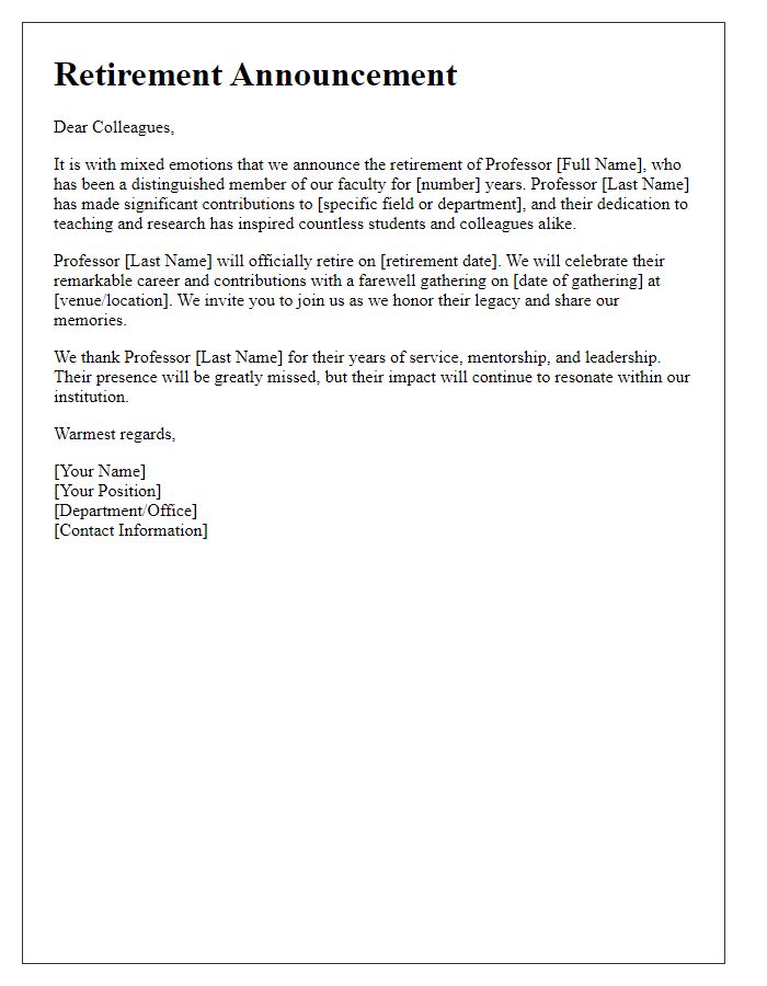 Letter template of retirement announcement for a distinguished professor