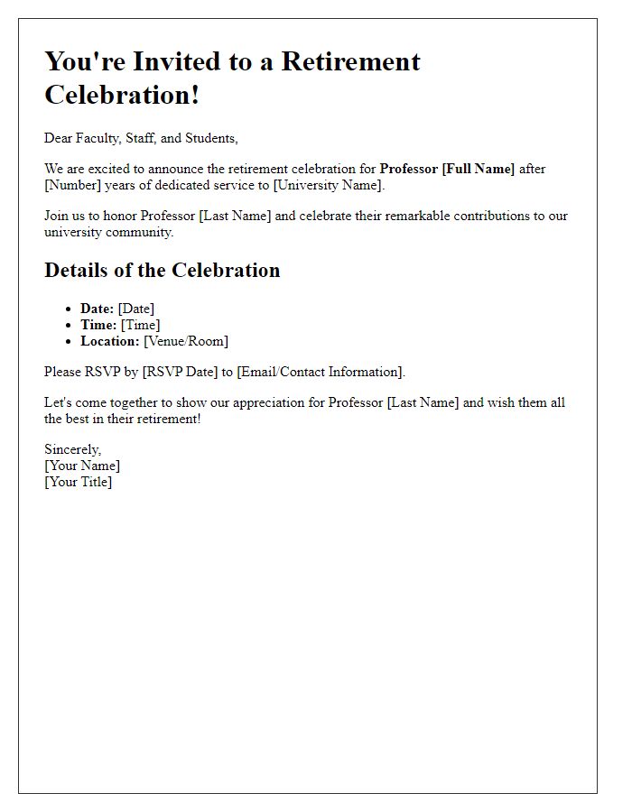 Letter template of retirement celebrations for university faculty