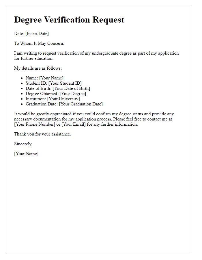 Letter template of undergraduate degree verification request for further education