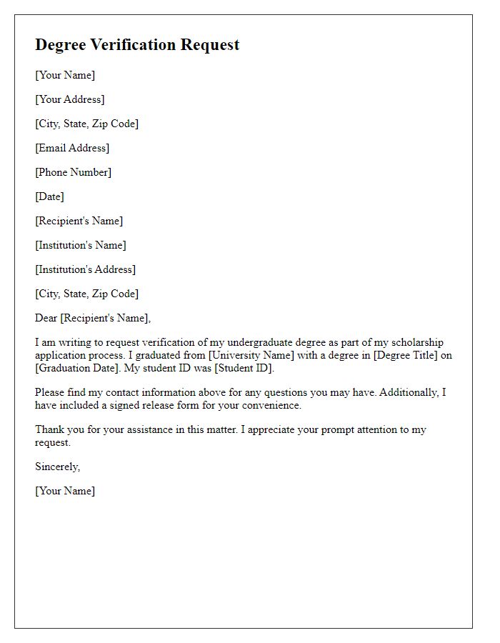 Letter template of undergraduate degree verification request for scholarship application