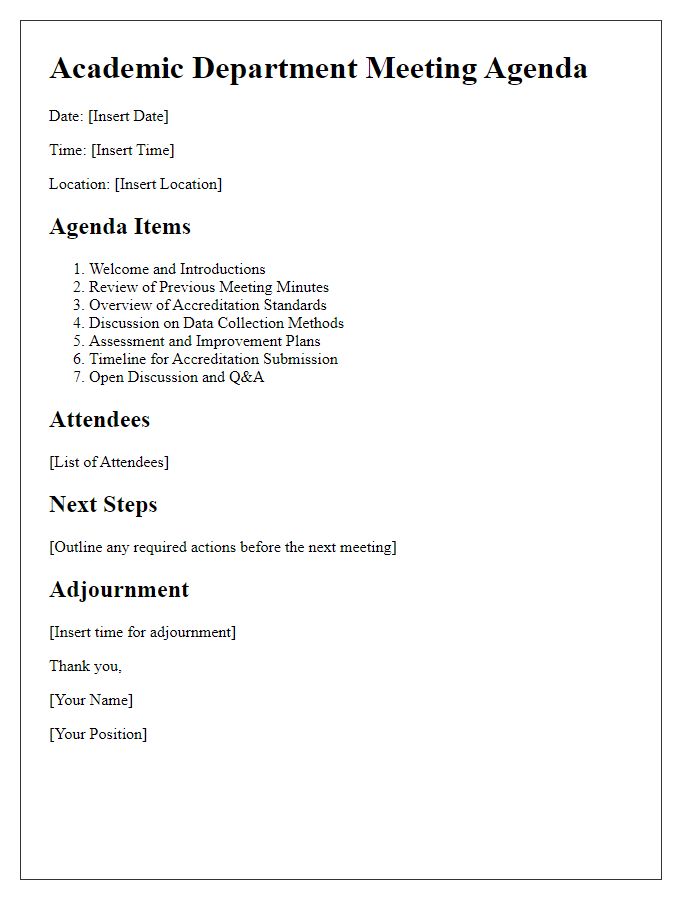 Letter template of academic departmental meeting agenda for accreditation review.