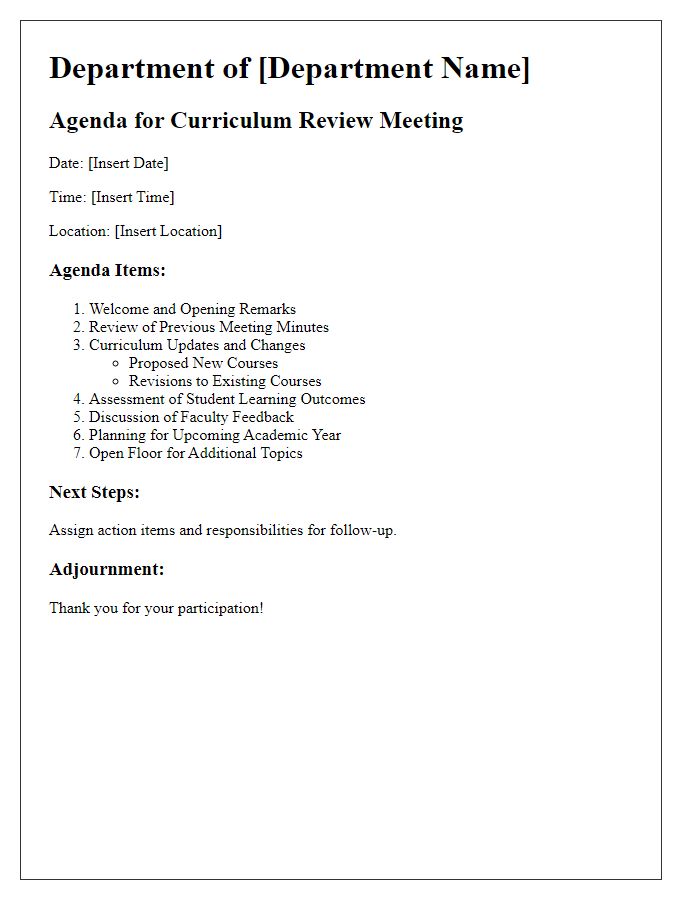 Letter template of academic departmental meeting agenda for curriculum review.