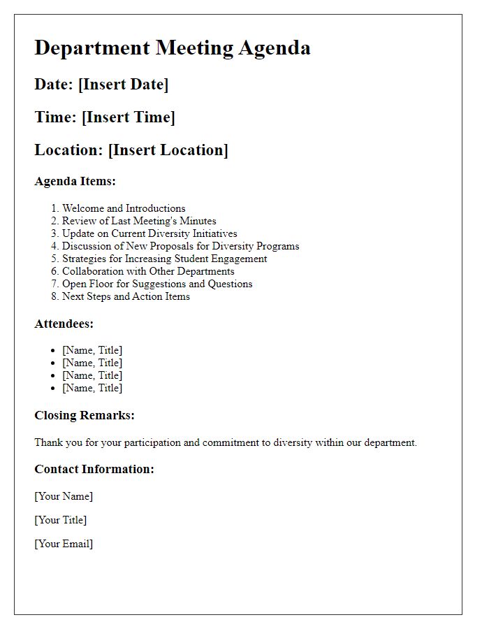 Letter template of academic departmental meeting agenda for diversity initiatives.