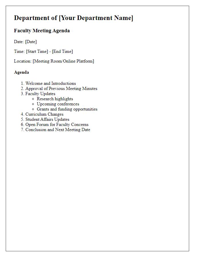 Letter template of academic departmental meeting agenda for faculty updates.