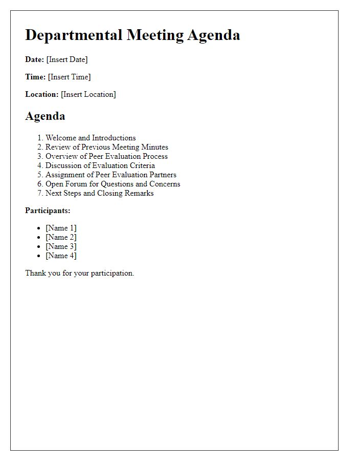 Letter template of academic departmental meeting agenda for peer evaluations.