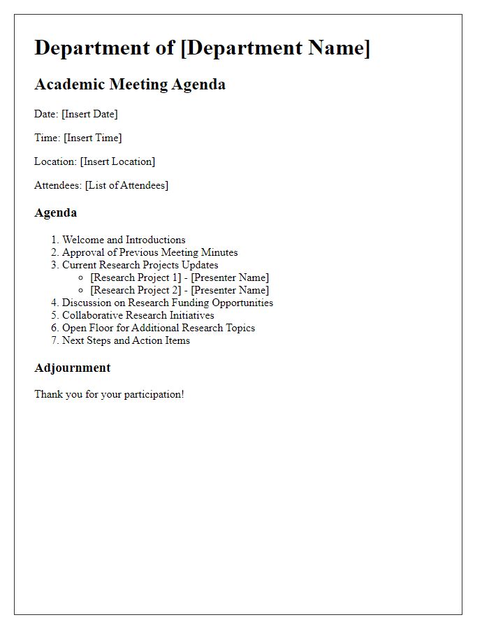 Letter template of academic departmental meeting agenda for research discussion.