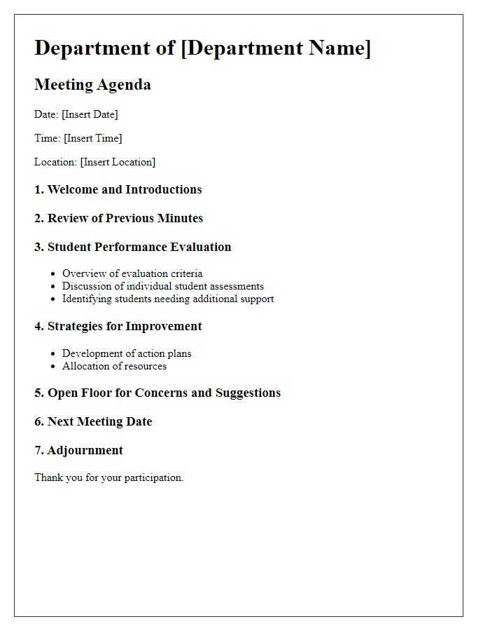 Letter template of academic departmental meeting agenda for student performance evaluation.