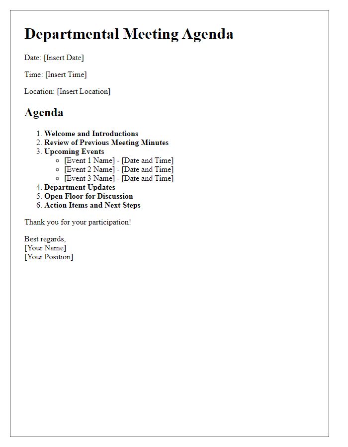 Letter template of academic departmental meeting agenda for upcoming events.