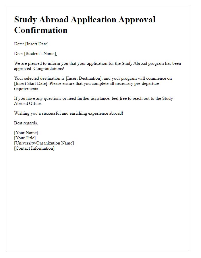 Letter template of confirmation for approval of study abroad application