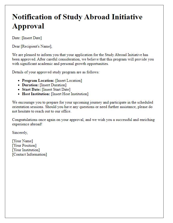 Letter template of notification for study abroad initiative approval