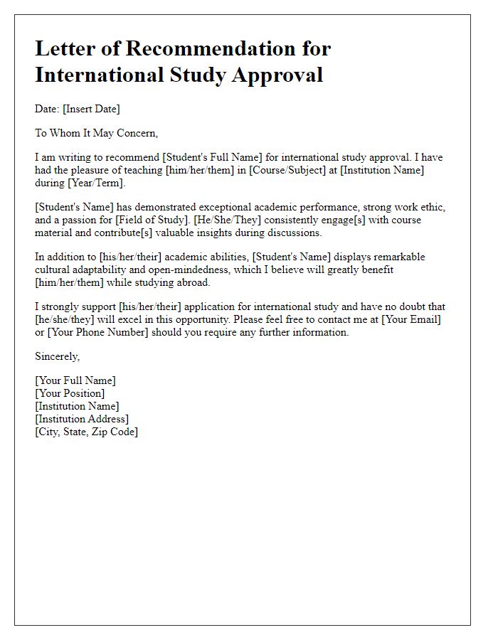 Letter template of recommendation for international study approval