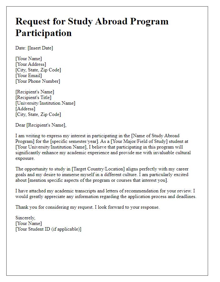 Letter template of request for study abroad program participation