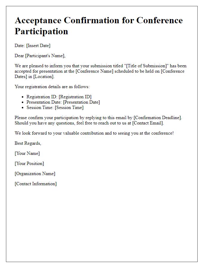 Letter template of acceptance confirmation for conference participation