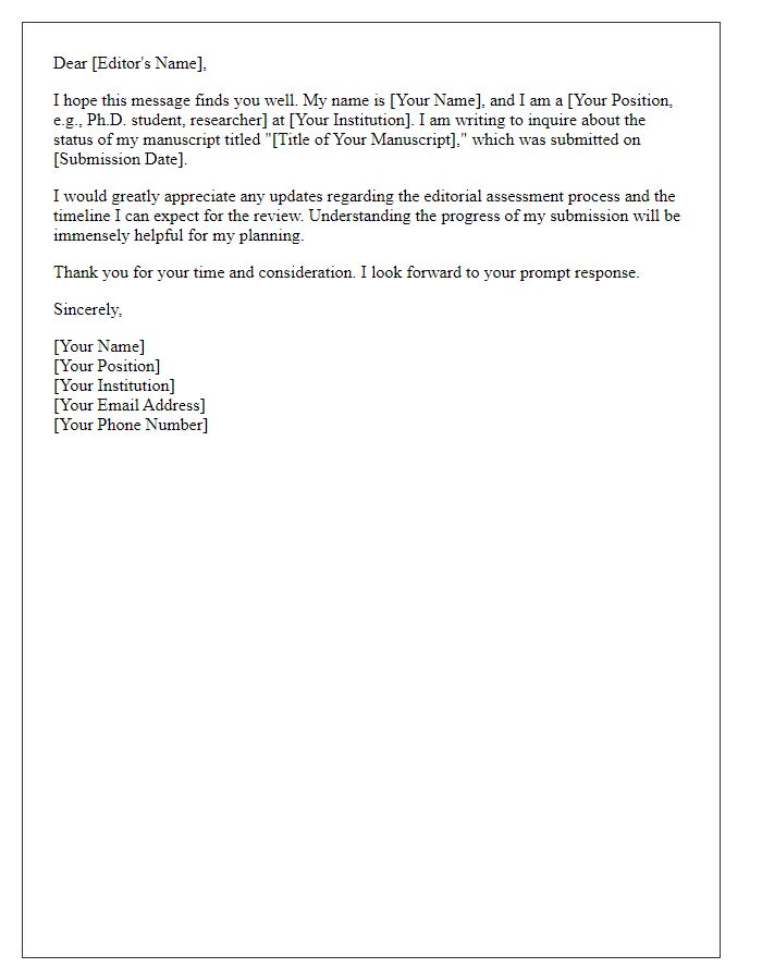 Letter template of an inquiry for editorial assessment of journal article submission.