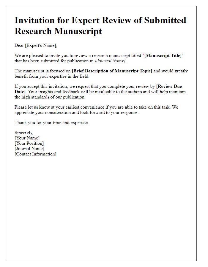 Letter template of an invitation for expert review of submitted research manuscript.