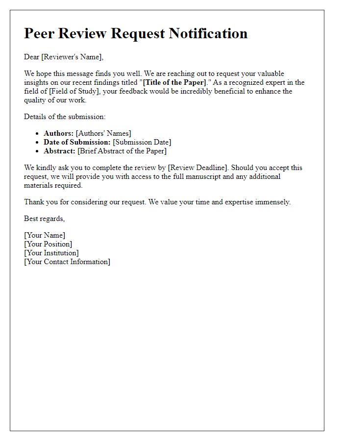 Letter template of a notification for peer review request regarding academic findings.