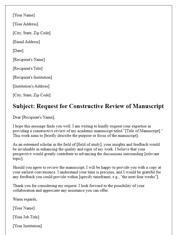 Letter template of a request for constructive review of an academic manuscript.