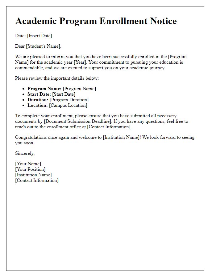 Letter template of academic program enrollment notice