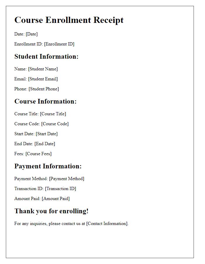 Letter template of official course enrollment receipt