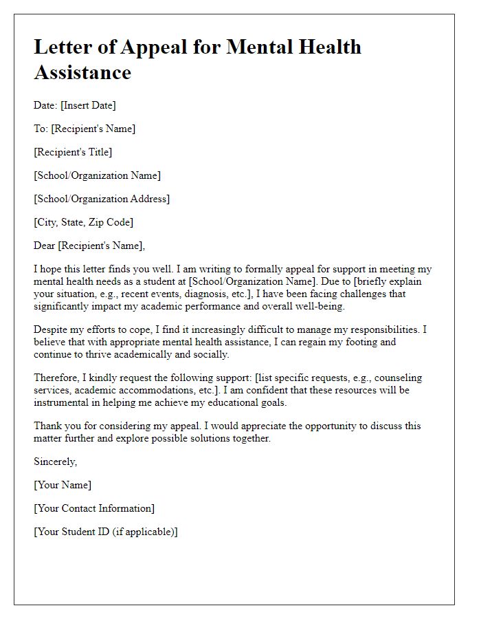 Letter template of appeal for mental health assistance in education