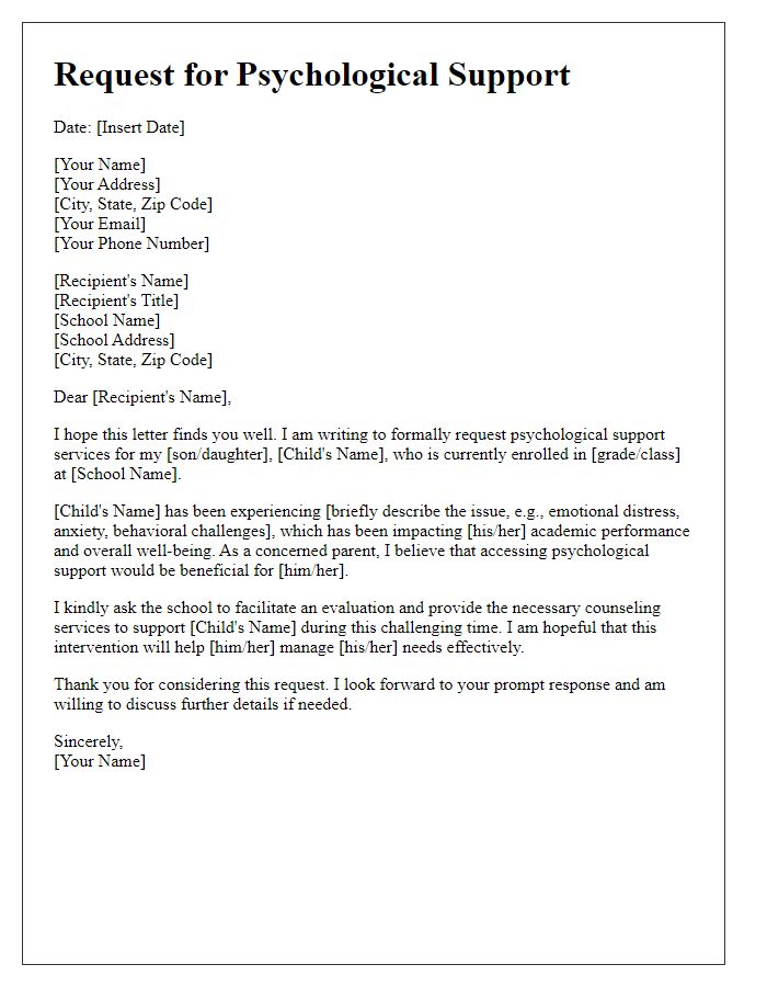 Letter template of formal request for psychological support in school