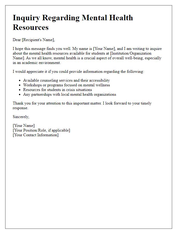 Letter template of inquiry regarding mental health resources for students