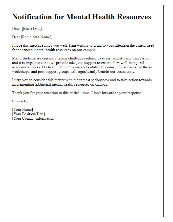 Letter template of notification for needing mental health resources on campus