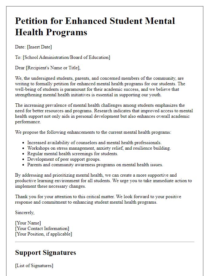 Letter template of petition for enhanced student mental health programs