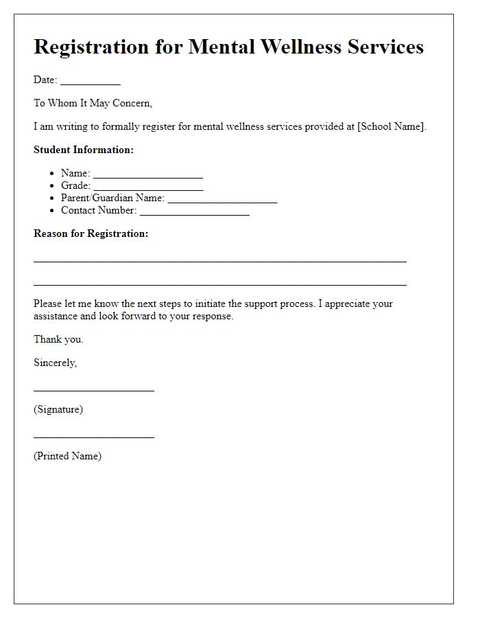 Letter template of registration for mental wellness services at school