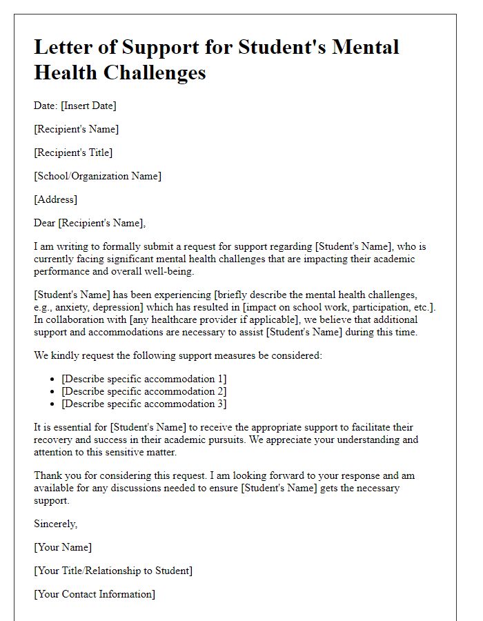 Letter template of submission for support with student mental health challenges