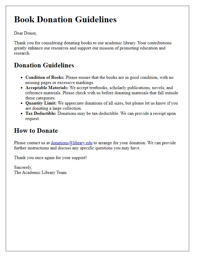 Letter template of academic library book donation guidelines