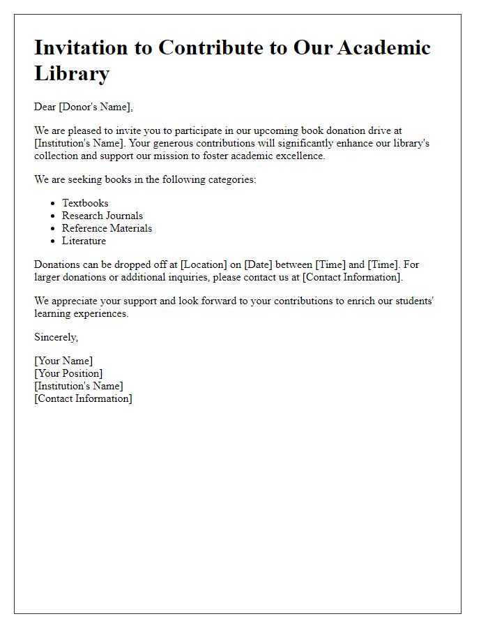 Letter template of academic library book donation invitation