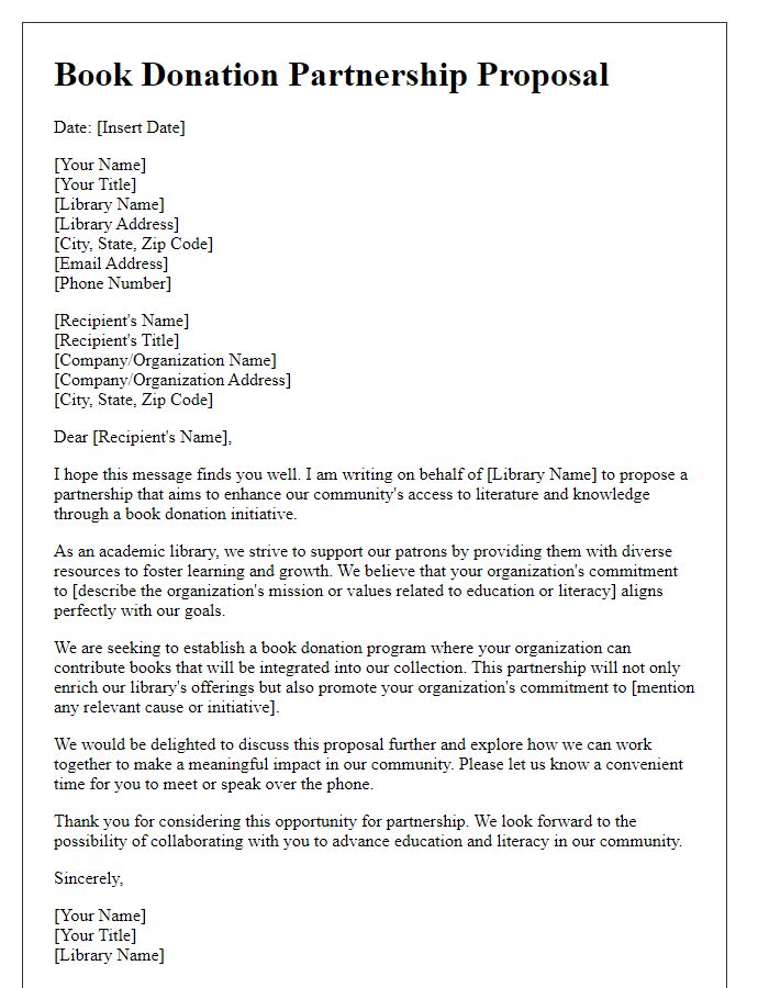 Letter template of academic library book donation partnership proposal