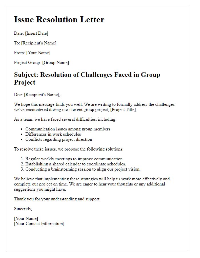 Letter template of issue resolution for student group project challenges.