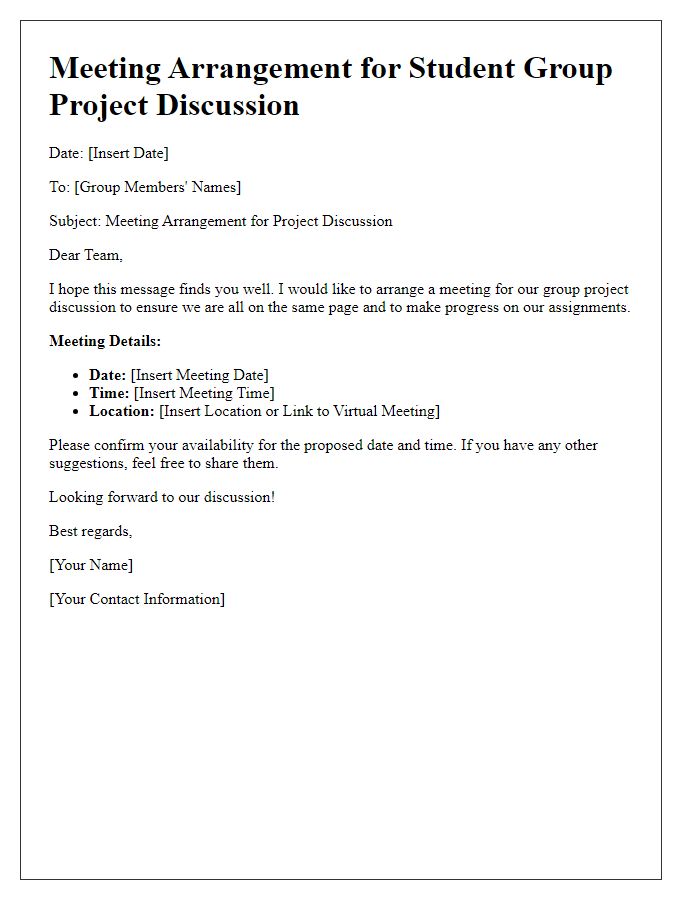 Letter template of meeting arrangement for student group project discussion.