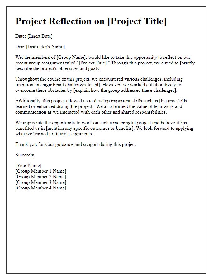 Letter template of project reflection for student group assignment evaluation.