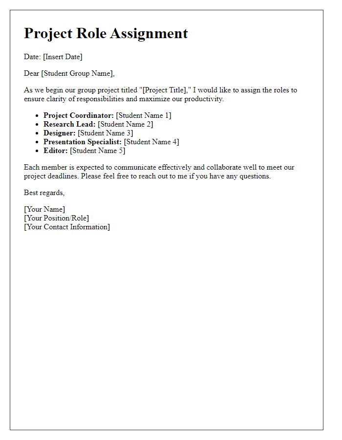 Letter template of project role assignment for student group task.