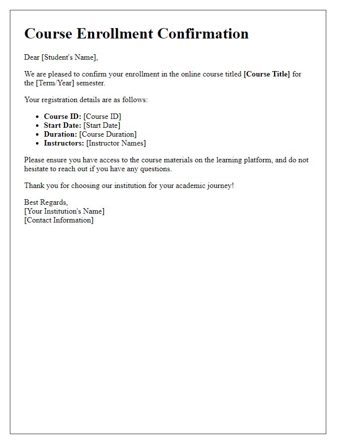 Letter template of confirmation for academic online course enrollment