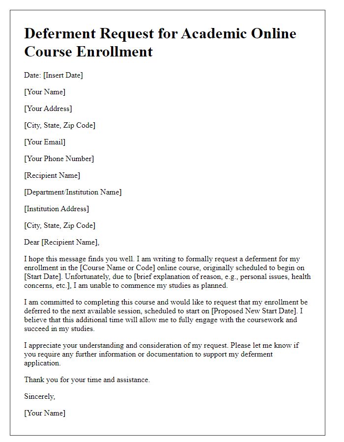 Letter template of deferment for academic online course enrollment