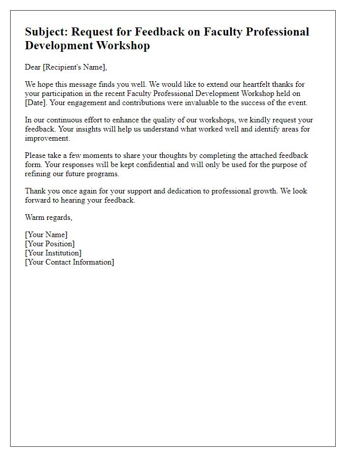 Letter template of feedback request for faculty professional development workshop