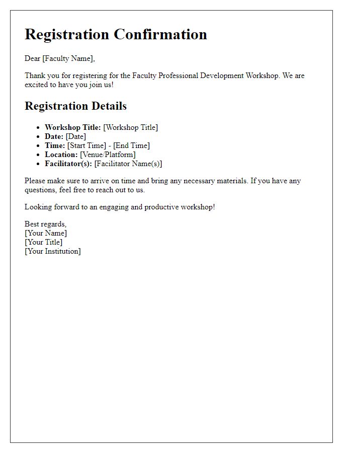 Letter template of registration details for faculty professional development workshop