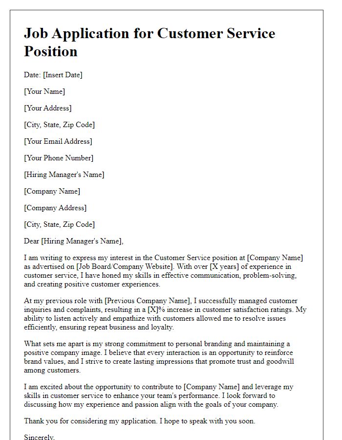 Letter template of personal branding for job application in customer service.