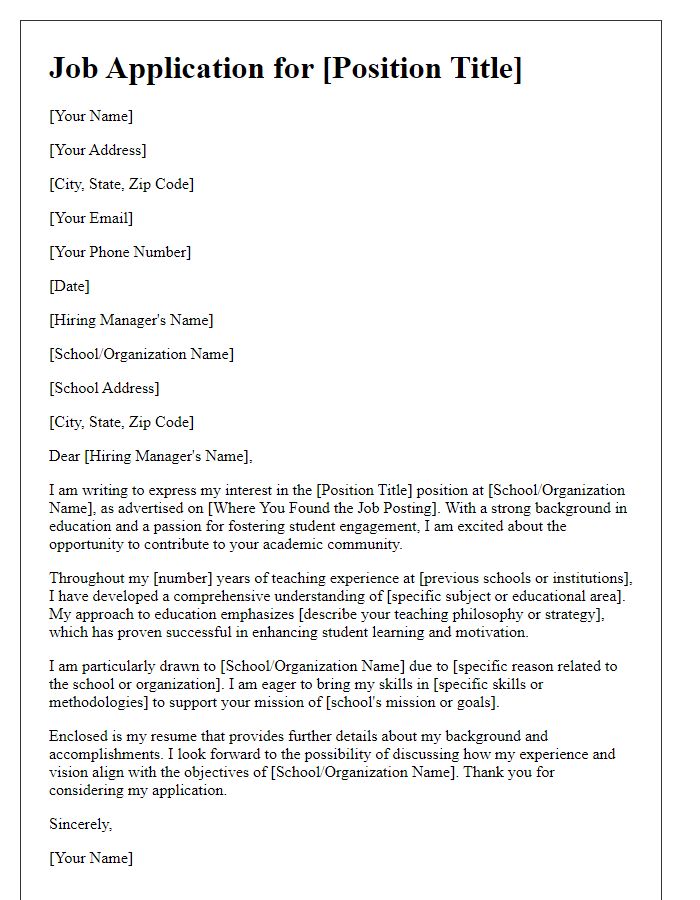 Letter template of personal branding for job application in education.