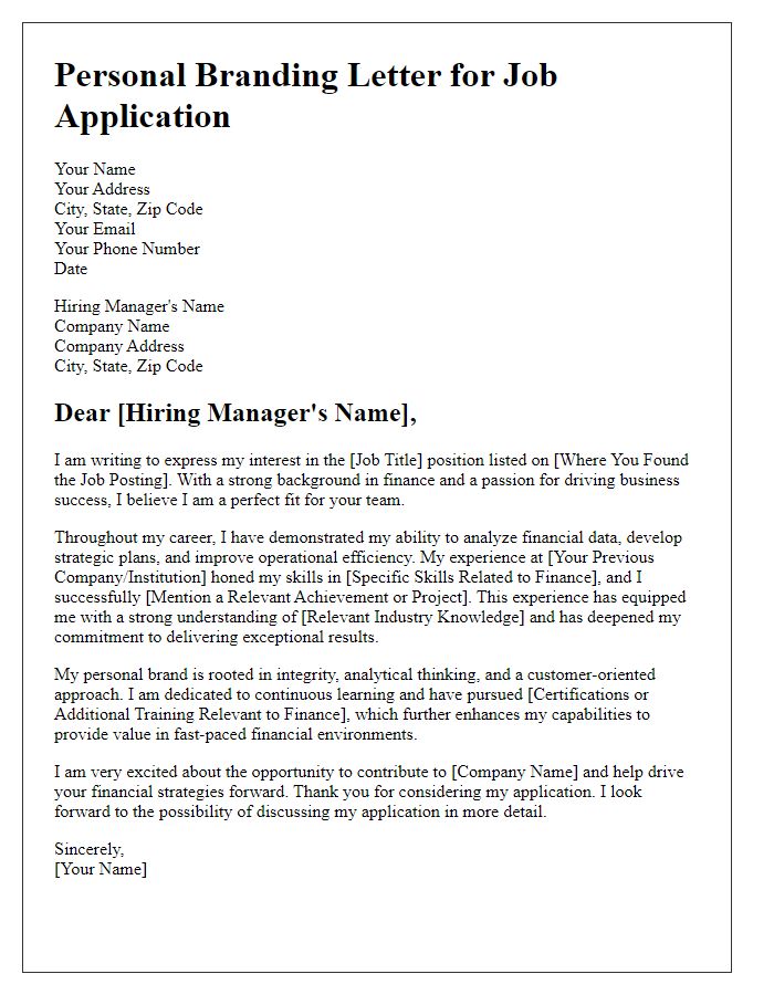 Letter template of personal branding for job application in finance.