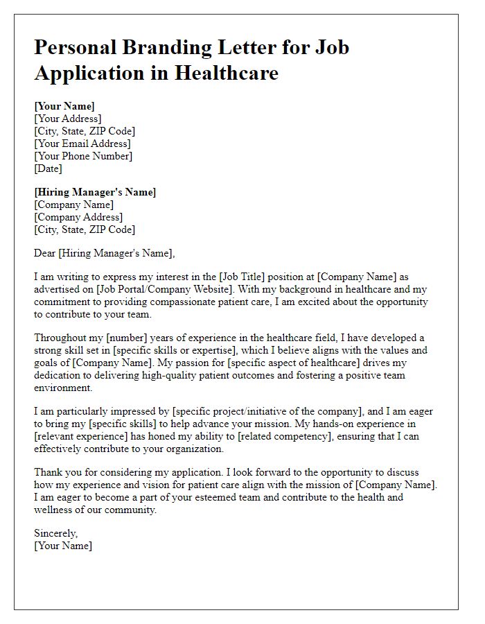 Letter template of personal branding for job application in healthcare.